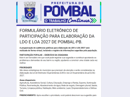 Prefeitura de Pombal disponibiliza formulário eletrônico para participação popular na LDO e LOA 2027