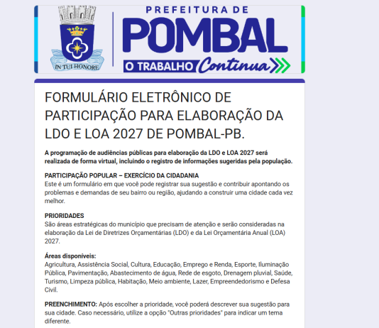 Prefeitura de Pombal disponibiliza formulário eletrônico para participação popular na LDO e LOA 2027