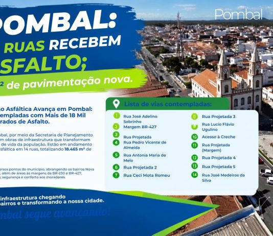Pavimentação Asfáltica Avança em Pombal: 14 Ruas Contempladas com Mais de 18 Mil Metros Quadrados de Asfalto