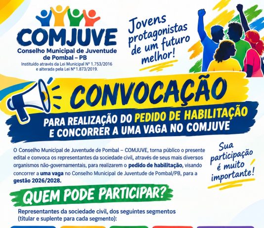 Comjuve Pombal convoca sociedade civil para habilitação e eleição de representantes